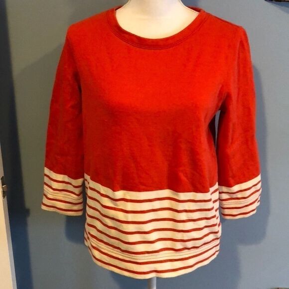 J.Crew Orange & Cream Stripe 3/4 Sleeve Crewneck Sweatshirt - Size M - Picture 1 of 6